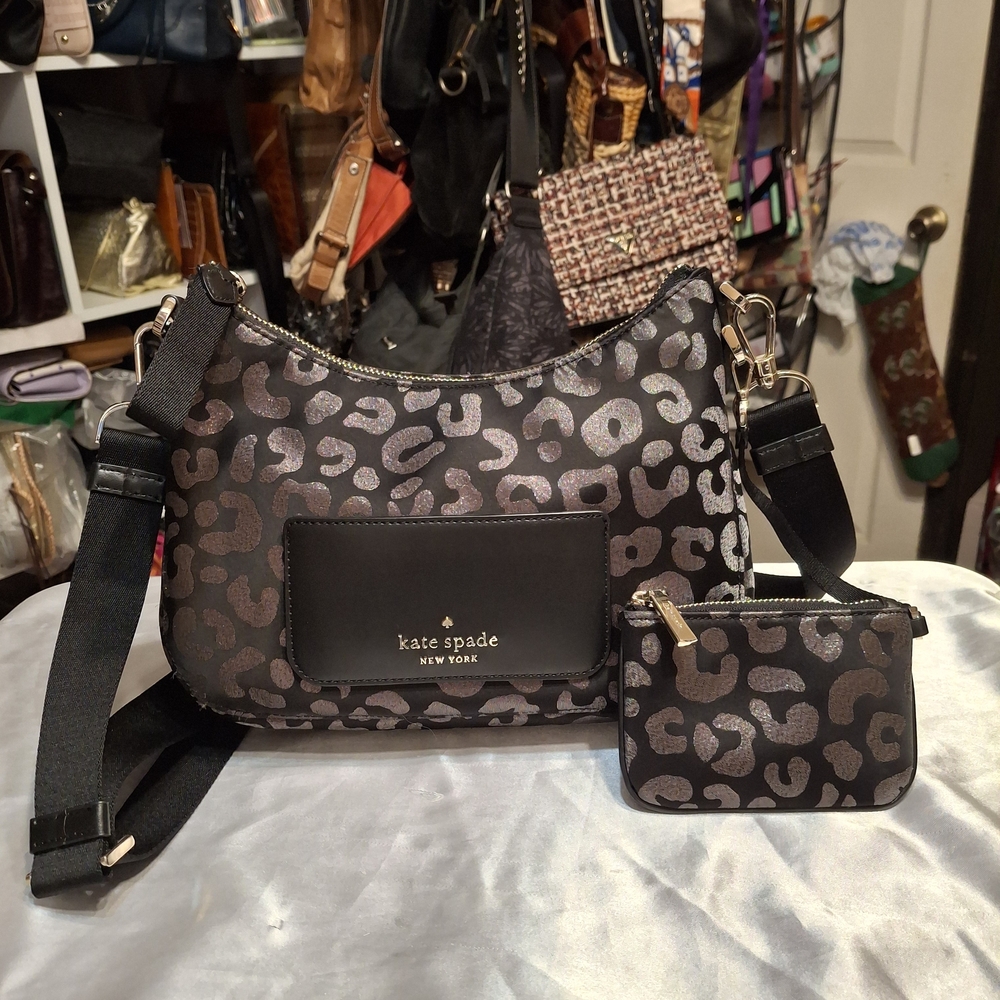 Kate Spade Black and Silver  Cheetah Print Hobo Crossbody Bag With Pouchette - Picture 2 of 13